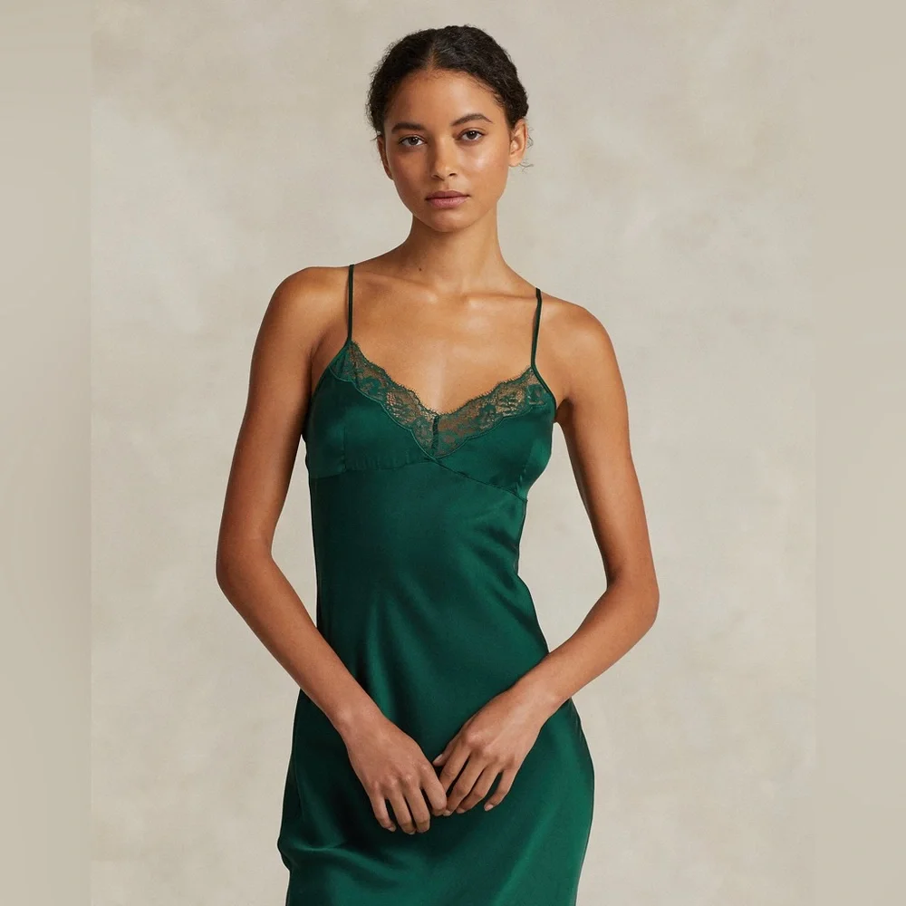 NWT Polo Ralph Lauren Lace-trim Silk Slip Dress in Green - Picture 2 of 5